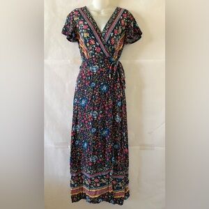 Prettygarden Boho Floral Maxi Wrap Dress Sz M Multicolor Flowy Bohemian Cottage